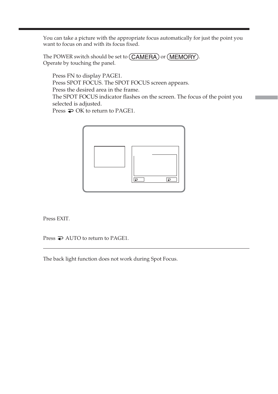 Using spot focus function – spot focus, Spot focus | Sony DCR-TRV38 User Manual | Page 63 / 212