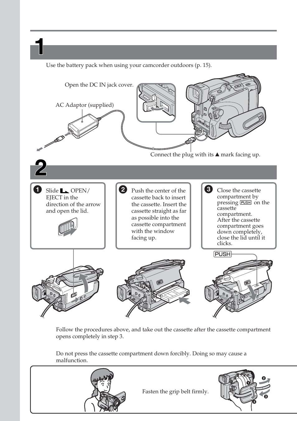 Quick start guide – recording on tape, Connecting the power cord, Inserting the cassette | Sony DCR-TRV38 User Manual | Page 8 / 212
