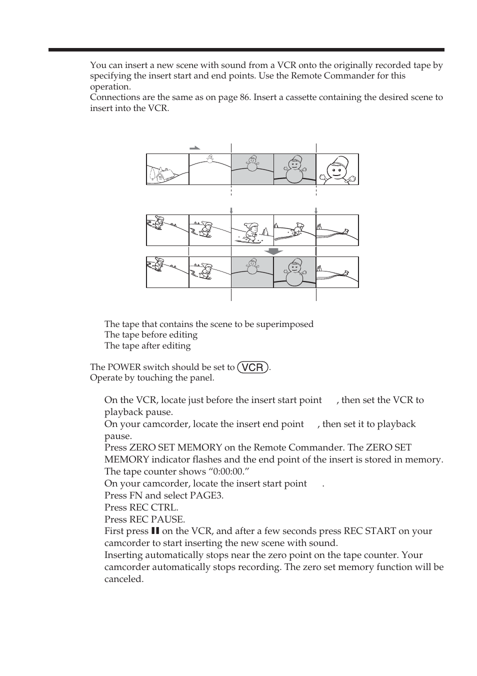 Inserting a scene from a vcr – insert editing | Sony DCR-TRV38 User Manual | Page 88 / 212