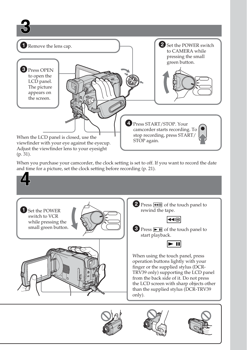 Recording a picture on the tape, Monitoring the playback picture on the lcd screen | Sony DCR-TRV38 User Manual | Page 9 / 212