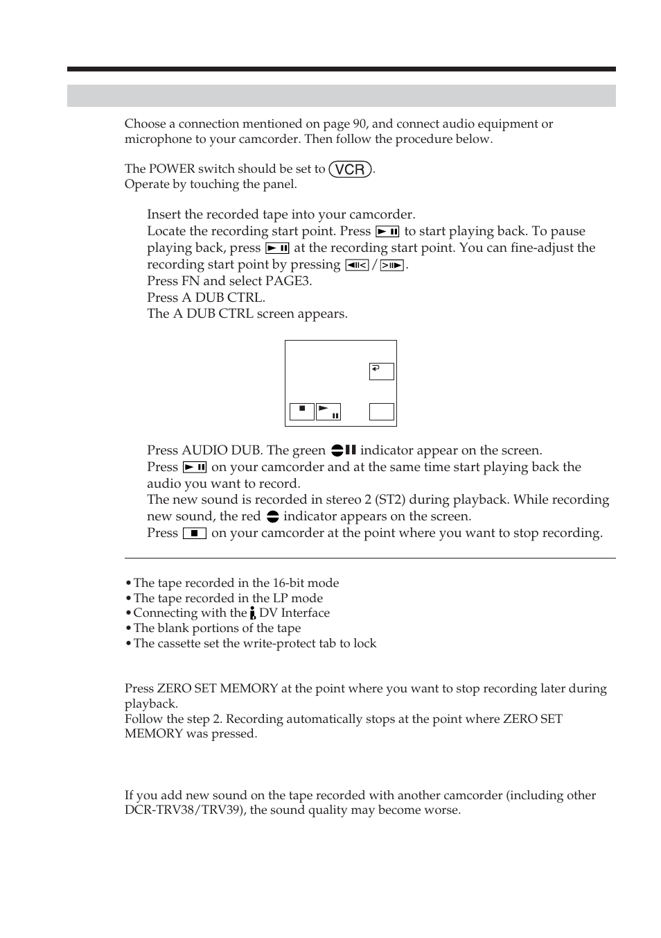Adding an audio sound on the recorded tape, Audio dubbing | Sony DCR-TRV38 User Manual | Page 92 / 212