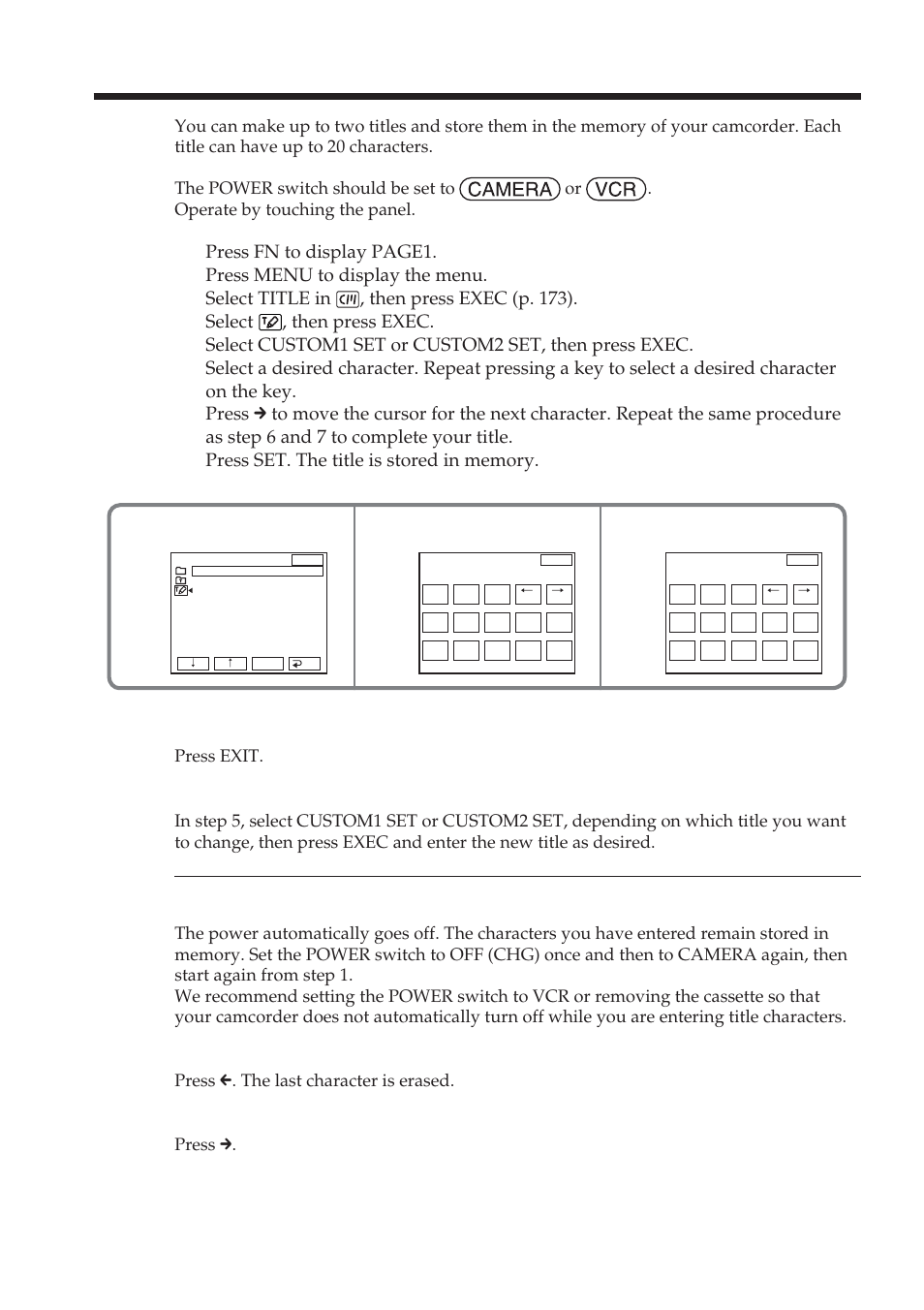 Making your own titles, Press exit | Sony DCR-TRV38 User Manual | Page 96 / 212
