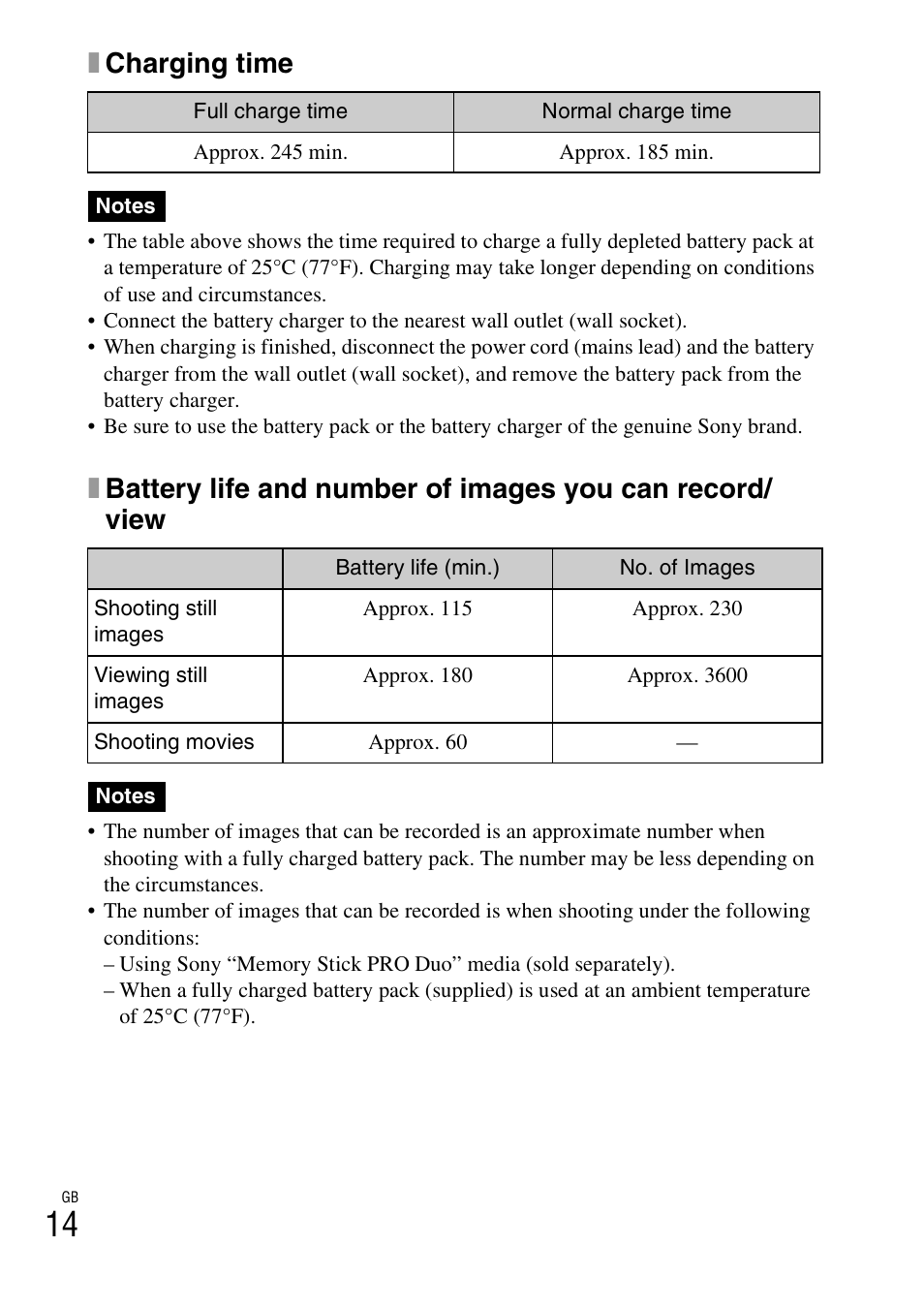 Xcharging time | Sony DSC-TX9 User Manual | Page 14 / 68