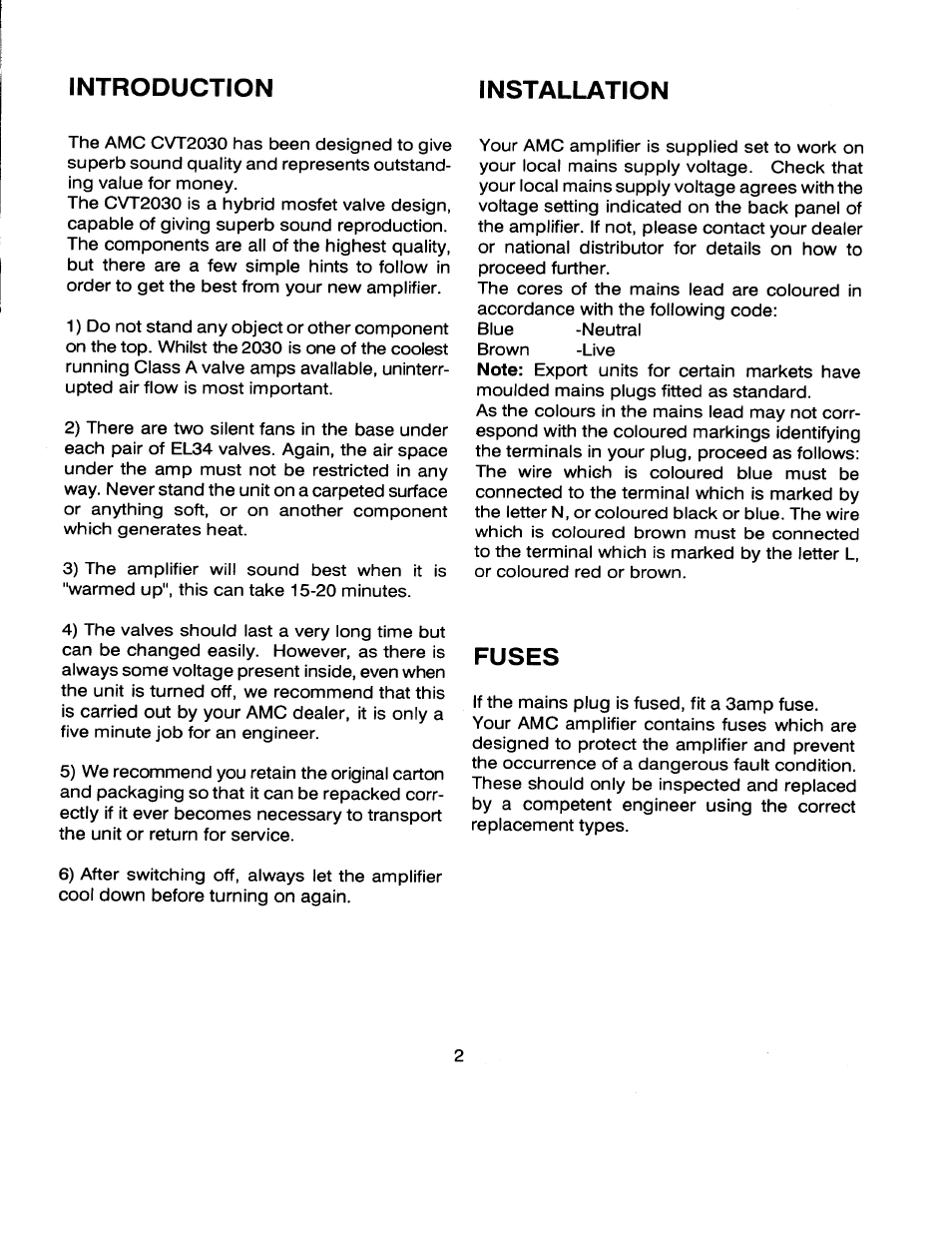 Fuses, Introduction installation | AMC CVT2030 User Manual | Page 3 / 7