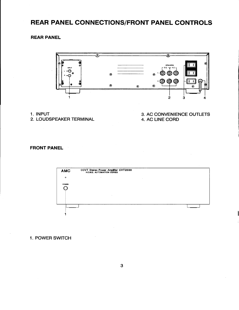 Rear panel connections/front panel controls, Rear panel, Front panel | AMC CVT2030 User Manual | Page 4 / 7