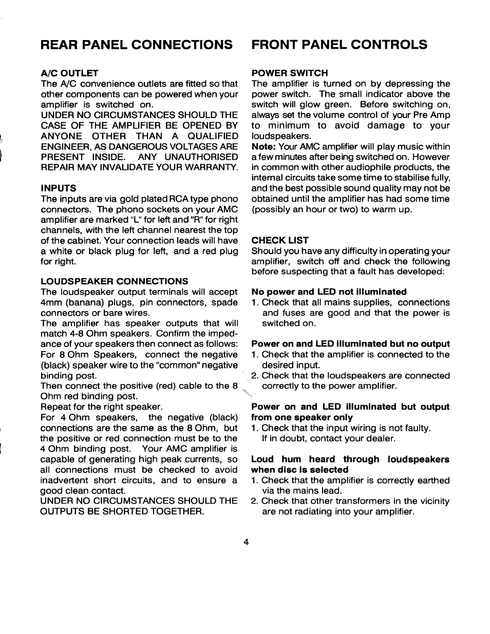 Rear panel connections front panel controls, A/c outlet, Inputs | Loudspeaker connections, Power switch, Check list, No power and led not illuminated, Power on and led iiiuminated but no output | AMC CVT2030 User Manual | Page 5 / 7
