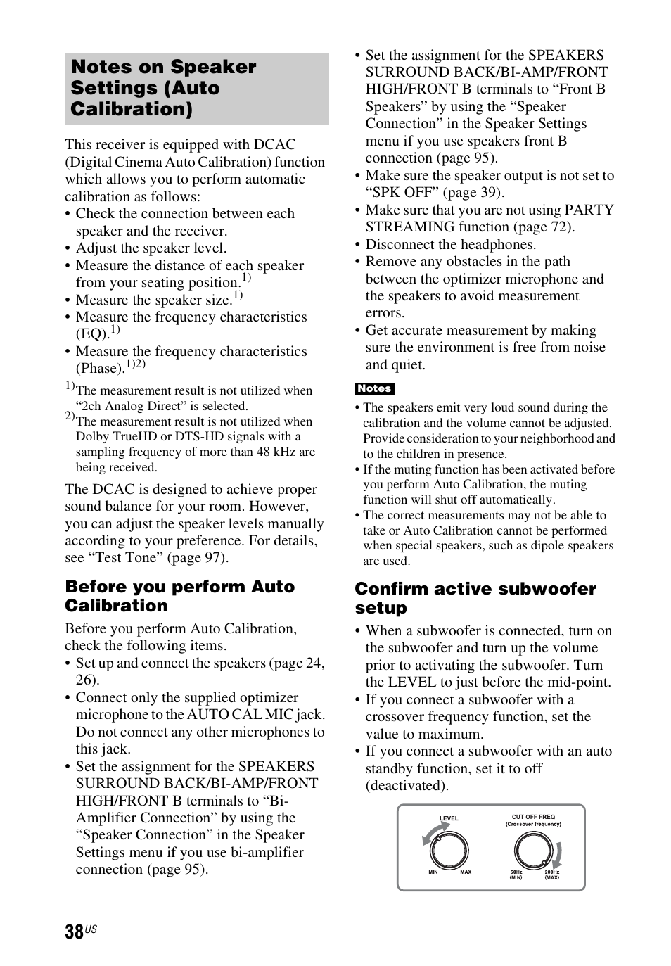 Before you perform auto calibration, Confirm active subwoofer setup | Sony STR-DN1040 User Manual | Page 38 / 136