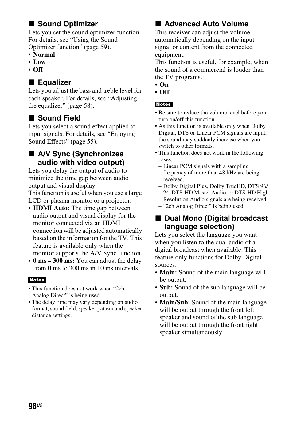 X sound optimizer, X equalizer, X sound field | X a/v sync (synchronizes audio with video output), X advanced auto volume, X dual mono (digital broadcast language selection) | Sony STR-DN1040 User Manual | Page 98 / 136
