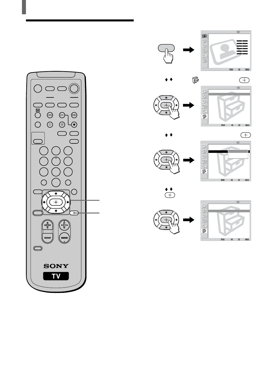 Selecting the on-screen menu language, 2 - 4 1, 5 selecting the on-screen menu language, Press menu | Press v/v to select (setup), then press, Press v/v to select “language,” then press, Press menu to exit the menu screen, Menu | Sony KLV-23HR1 User Manual | Page 22 / 56
