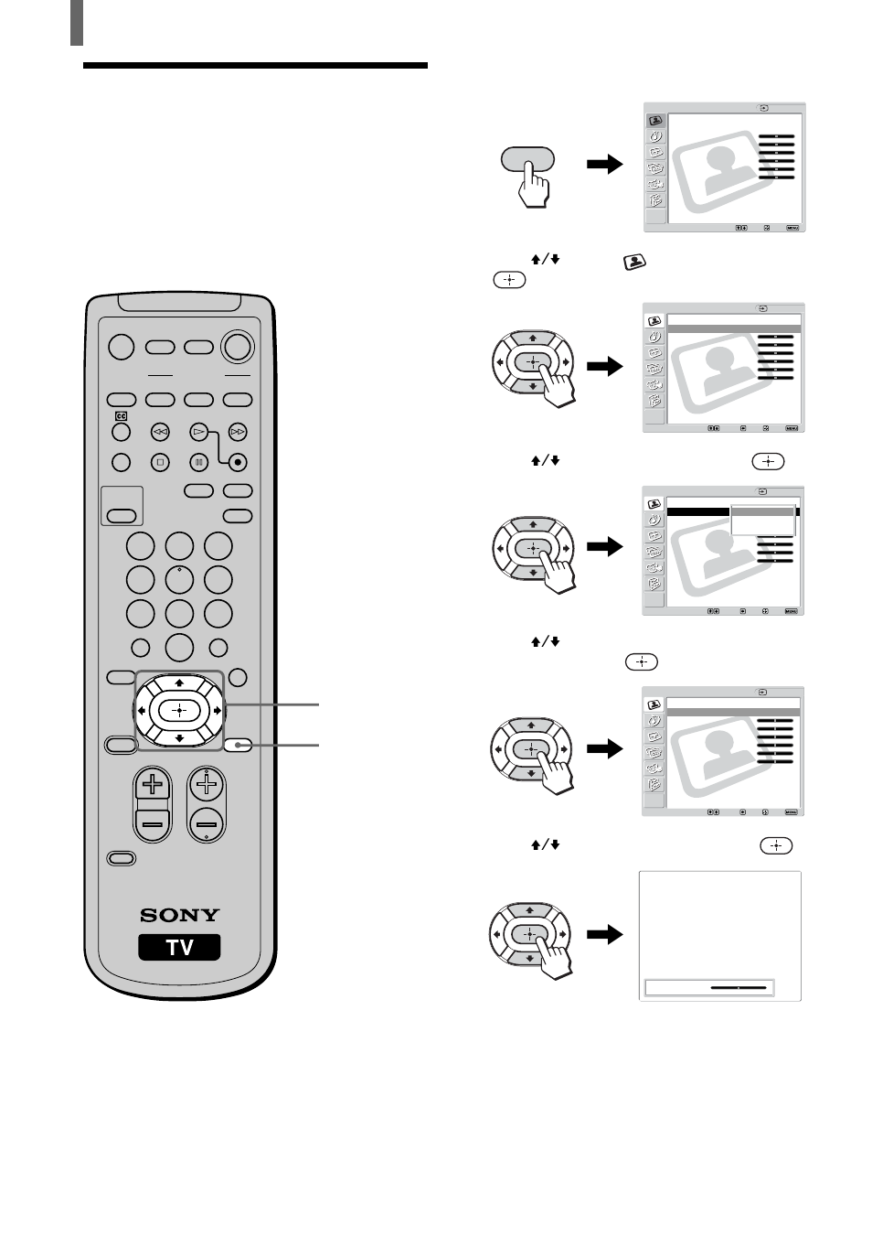 Adjusting the picture quality, Press menu, Press v/v to select (video), then press | Press v/v to select “mode,” then press, Press v/v to select “picture,” then press, Menu | Sony KLV-23HR1 User Manual | Page 38 / 56
