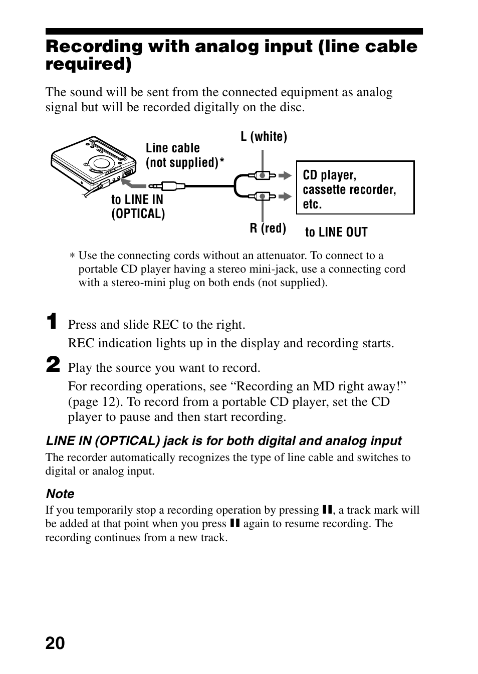 Recording with analog input (line cable required) | Sony MZ-R701 User Manual | Page 20 / 68