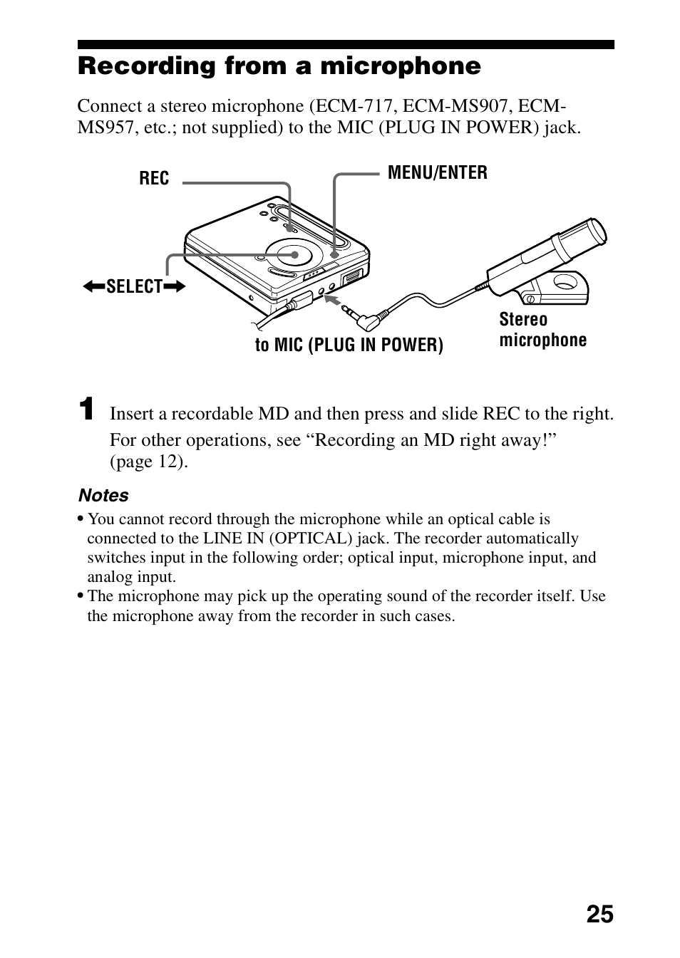 Recording from a microphone, 25 recording from a microphone | Sony MZ-R701 User Manual | Page 25 / 68