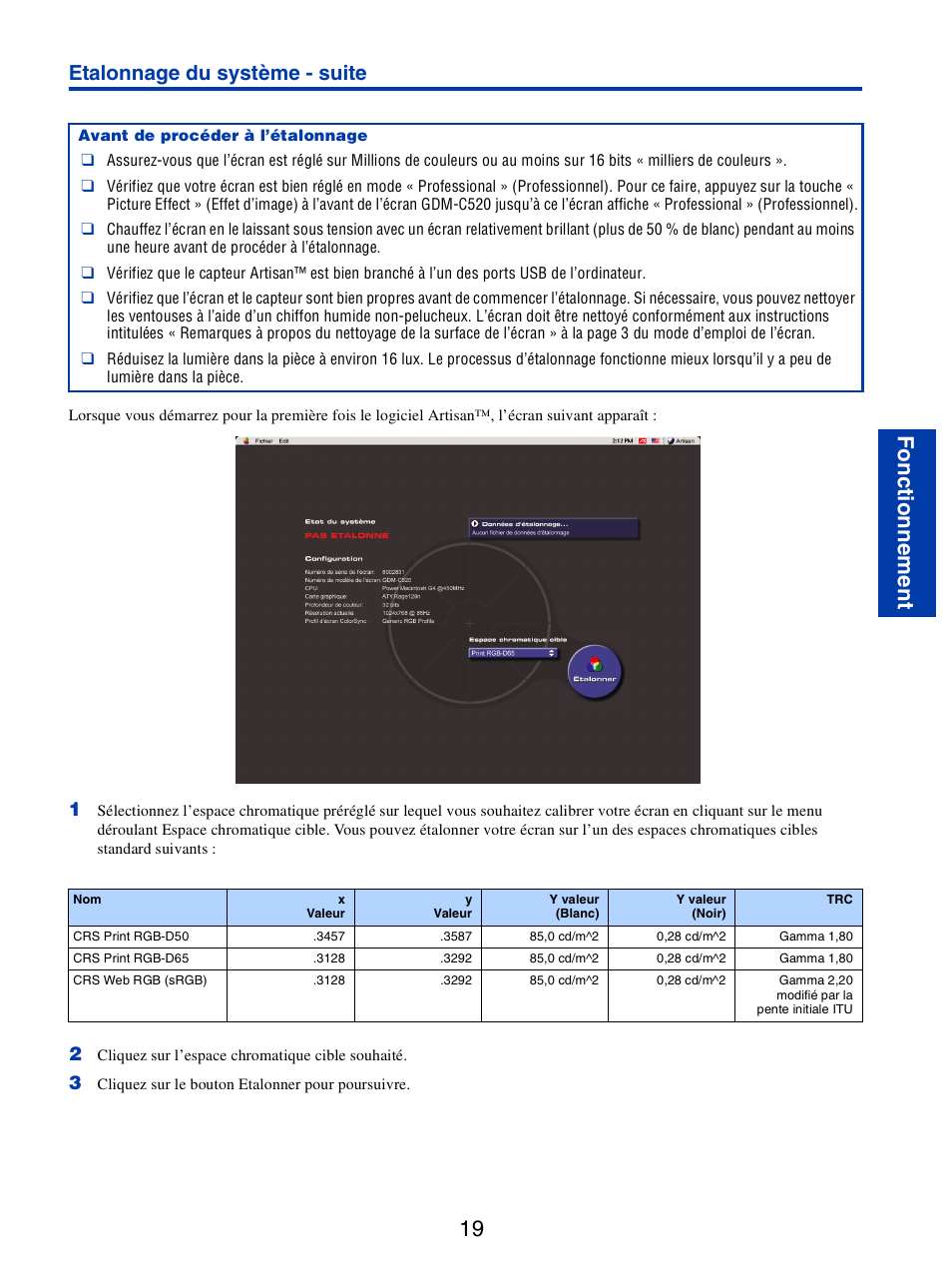 19 f o n ct io n n em en t, Etalonnage du système - suite | Sony GDM-C520 User Manual | Page 49 / 91