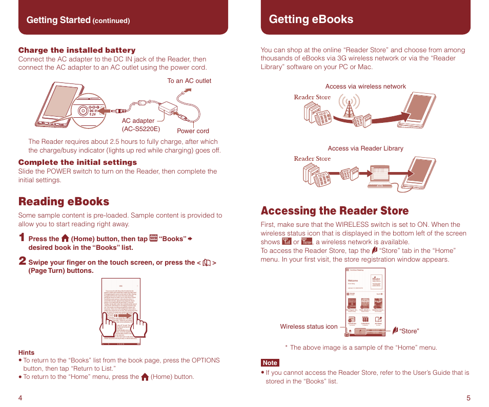 Accessing the reader store, Getting ebooks, Reading ebooks | Sony PRS-900BC User Manual | Page 3 / 4