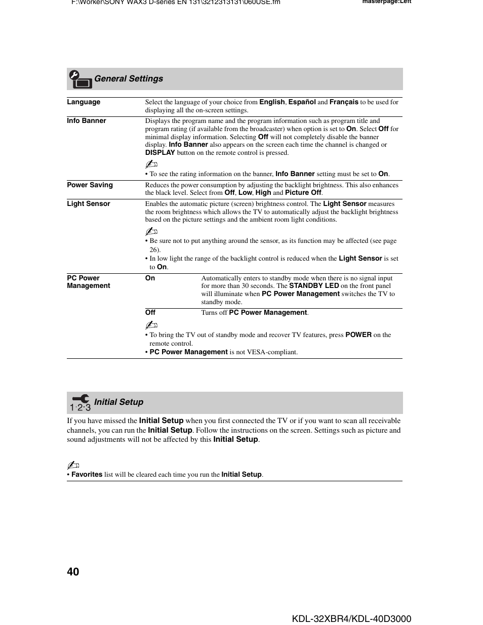 General settings, Initial setup | Sony KDL-32XBR4 User Manual | Page 40 / 48