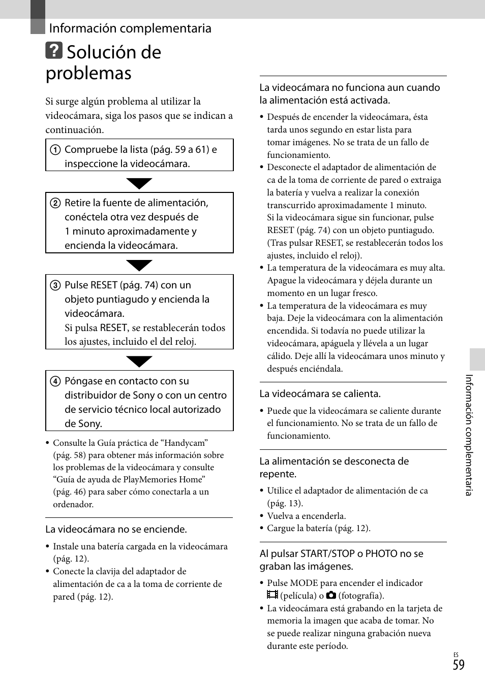 Información complementaria, Solución de problemas | Sony NEX-VG30H User Manual | Page 137 / 155