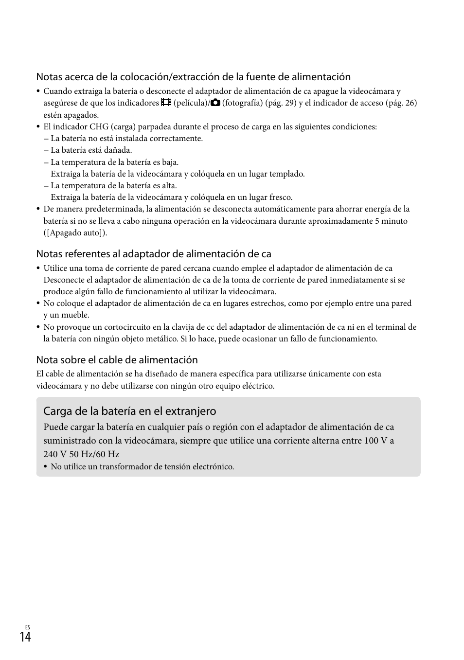 Carga de la batería en el extranjero, Nota sobre el cable de alimentación | Sony NEX-VG30H User Manual | Page 92 / 155