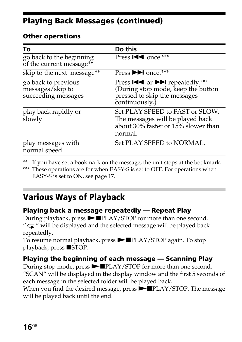 Various ways of playback, Playing back messages (continued) | Sony ICD-B25 User Manual | Page 16 / 48