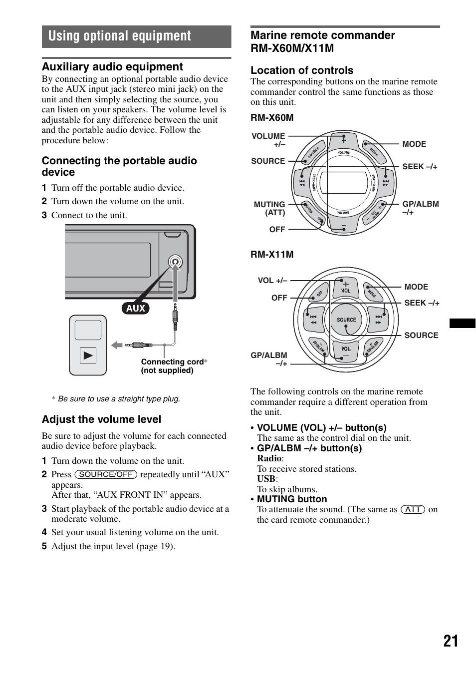 Using optional equipment, Auxiliary audio equipment, Marine remote commander rm-x60m/x11m | Sony DSX-MS60 User Manual | Page 21 / 80