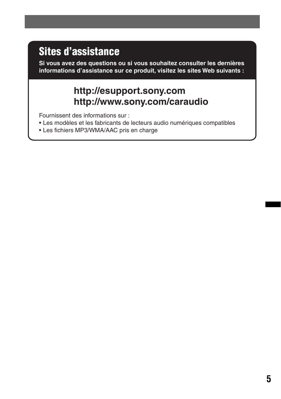 Sites d’assistance | Sony DSX-MS60 User Manual | Page 31 / 80