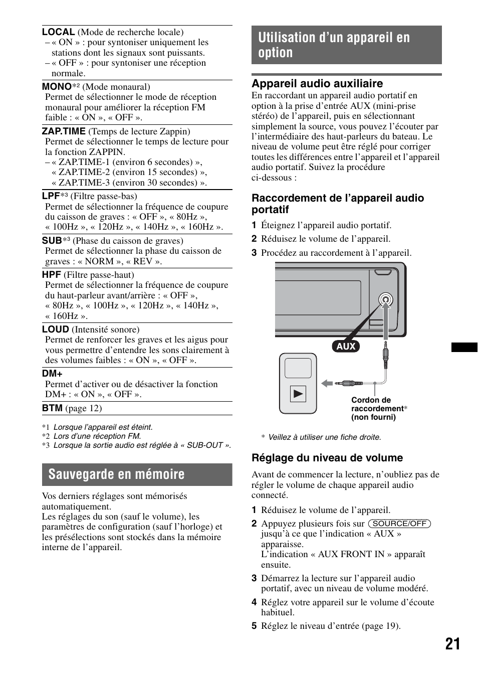 Sauvegarde en mémoire, Utilisation d’un appareil en option, Appareil audio auxiliaire | Sony DSX-MS60 User Manual | Page 47 / 80