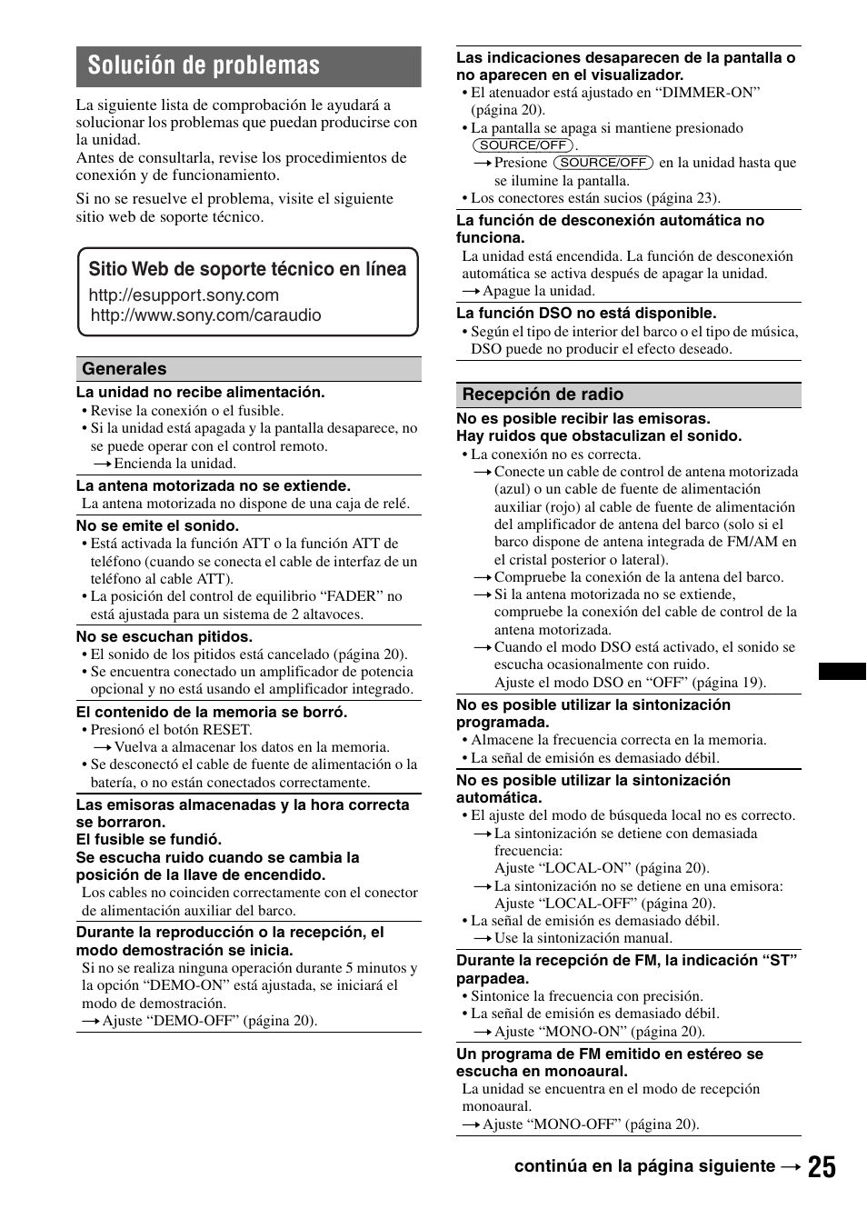 Solución de problemas, Sitio web de soporte técnico en línea | Sony DSX-MS60 User Manual | Page 77 / 80