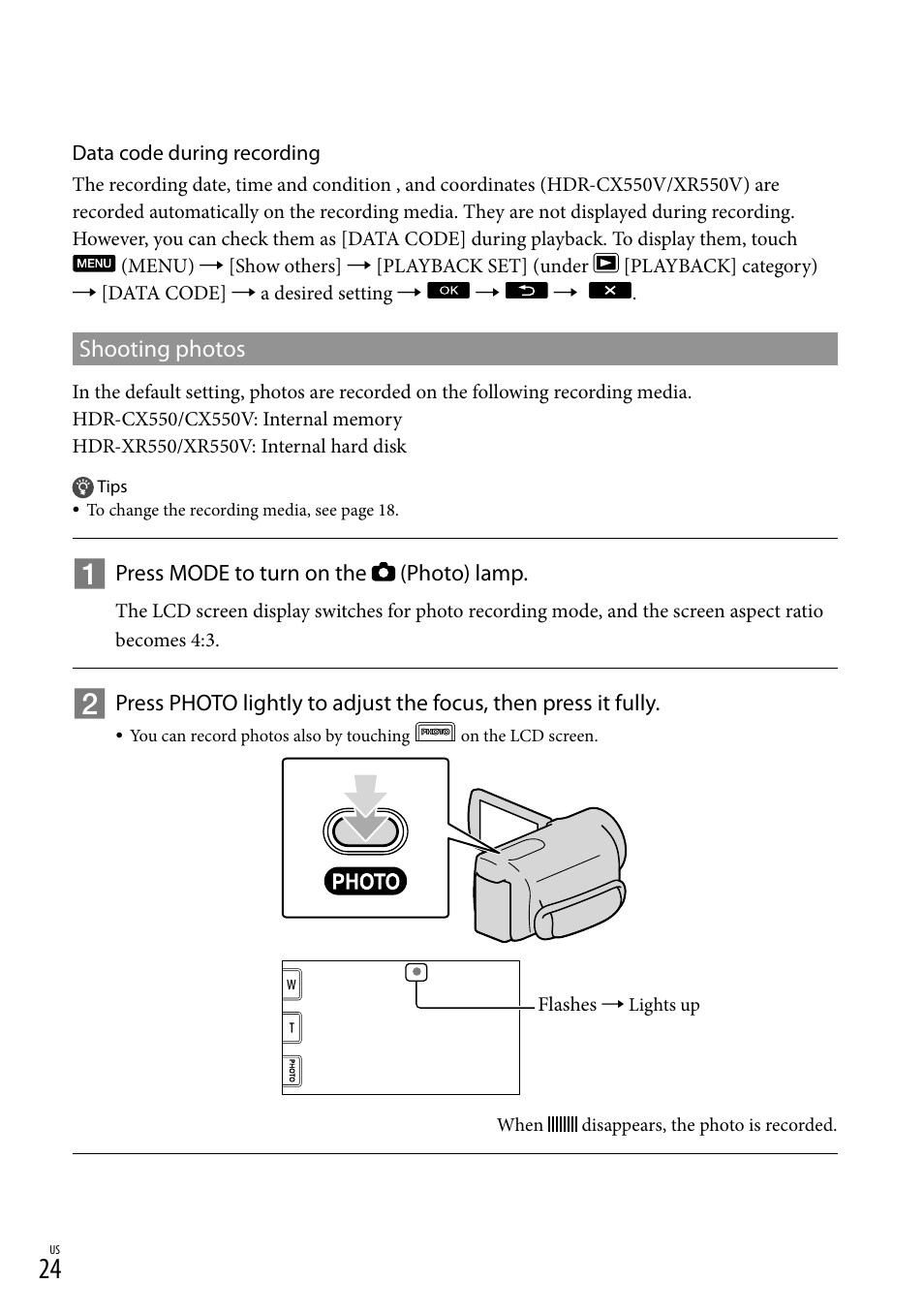 Shooting photos | Sony HDR-XR550V User Manual | Page 24 / 127
