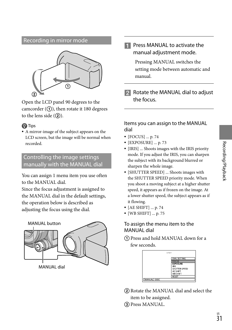 Recording in mirror mode | Sony HDR-XR550V User Manual | Page 31 / 127