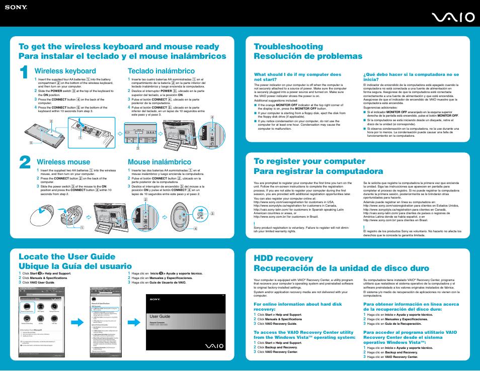 Locate the user guide ubique la guía del usuario, Wireless keyboard, Wireless mouse | Teclado inalámbrico, Mouse inalámbrico | Sony VGC-LS21N User Manual | Page 2 / 2