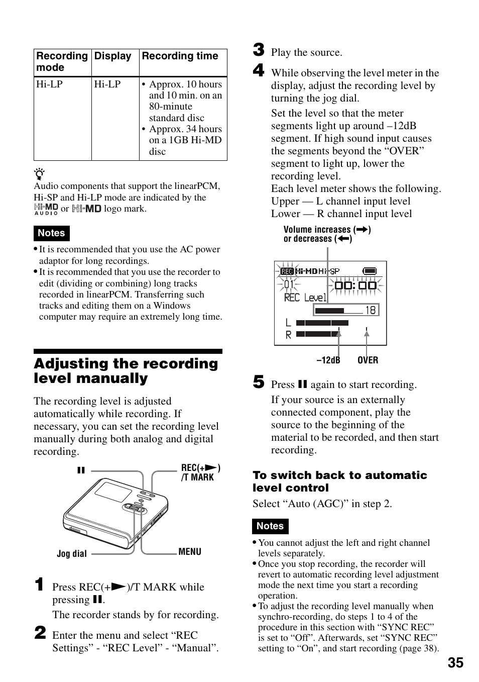 Adjusting the recording level manually | Sony MZ-M100 User Manual | Page 35 / 119