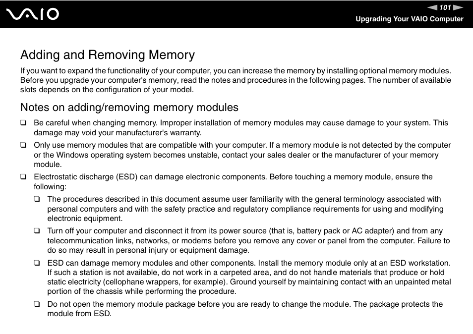 Adding and removing memory | Sony VGN-FZ145E User Manual | Page 101 / 181