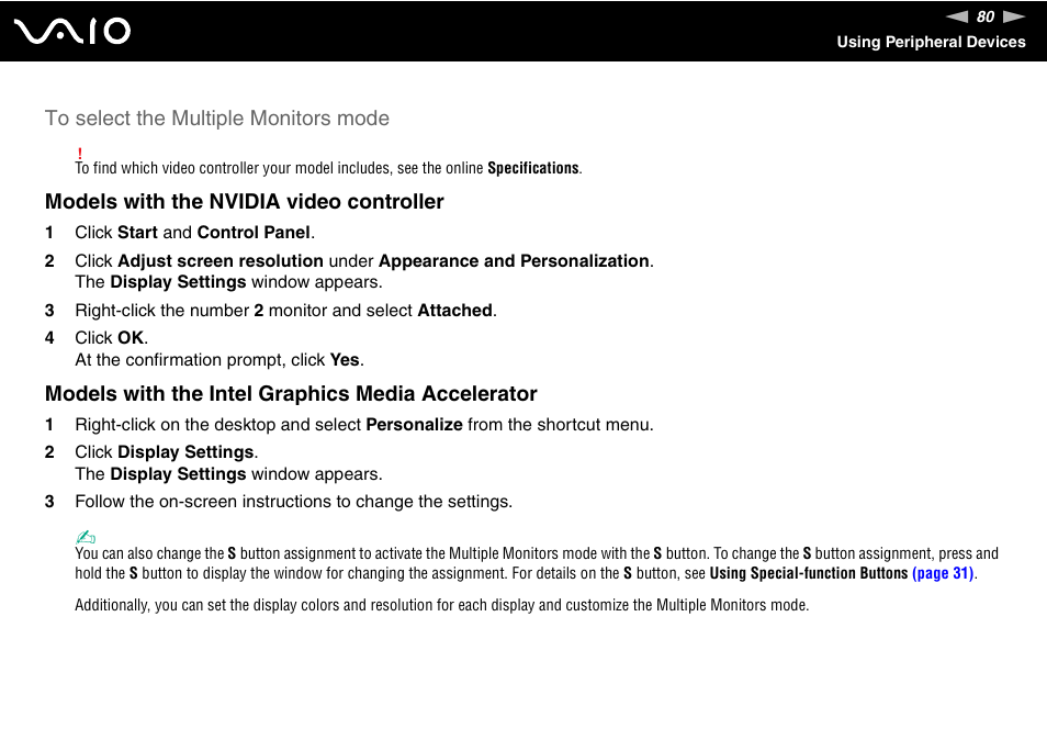 Models with the nvidia video controller, Models with the intel graphics media accelerator | Sony VGN-FZ145E User Manual | Page 80 / 181