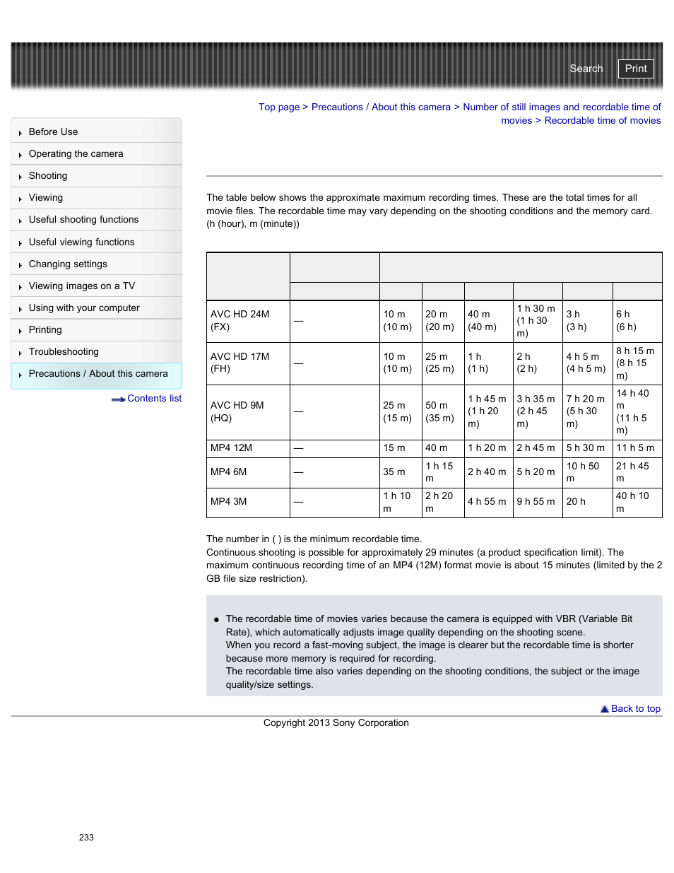 Recordable time of movies, Cyber-shot user guide | Sony DSC-WX300 User Manual | Page 239 / 244