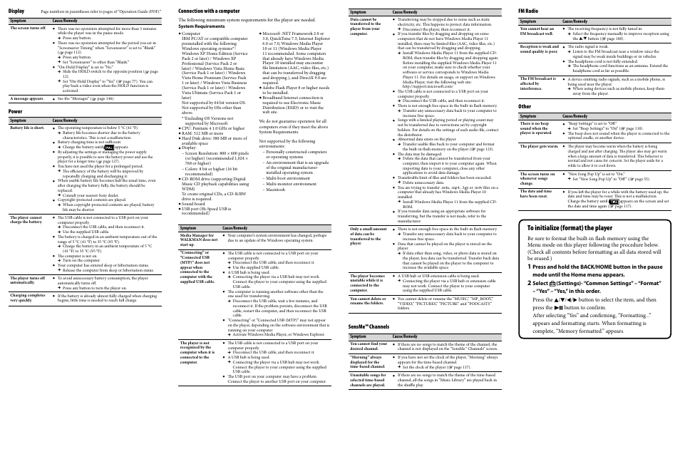 Power, Sensme™ channels, Fm radio | Other, Connection with a computer, Display | Sony NWZ-S738FBNC User Manual | Page 2 / 2