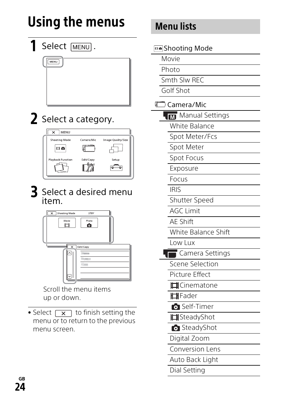Customizing your camcorder, Using the menus, Menu lists | Select, Select a category, Select a desired menu item | Sony HDR-PJ810 User Manual | Page 24 / 36