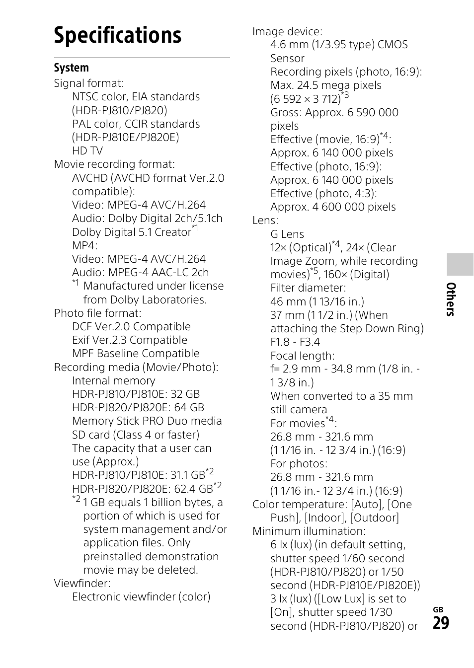 Specifications | Sony HDR-PJ810 User Manual | Page 29 / 36