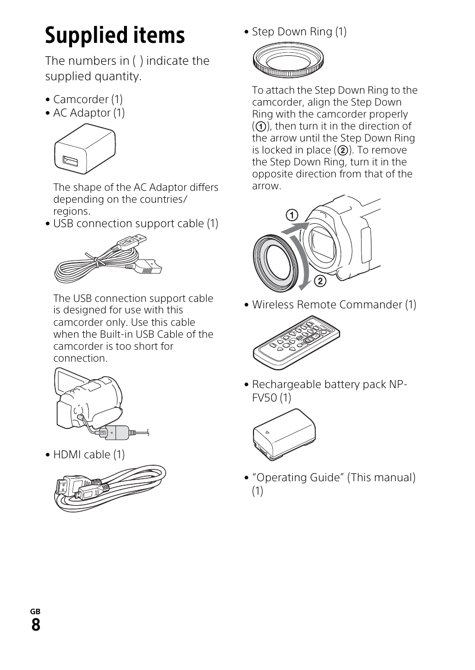 Getting started, Supplied items | Sony HDR-PJ810 User Manual | Page 8 / 36