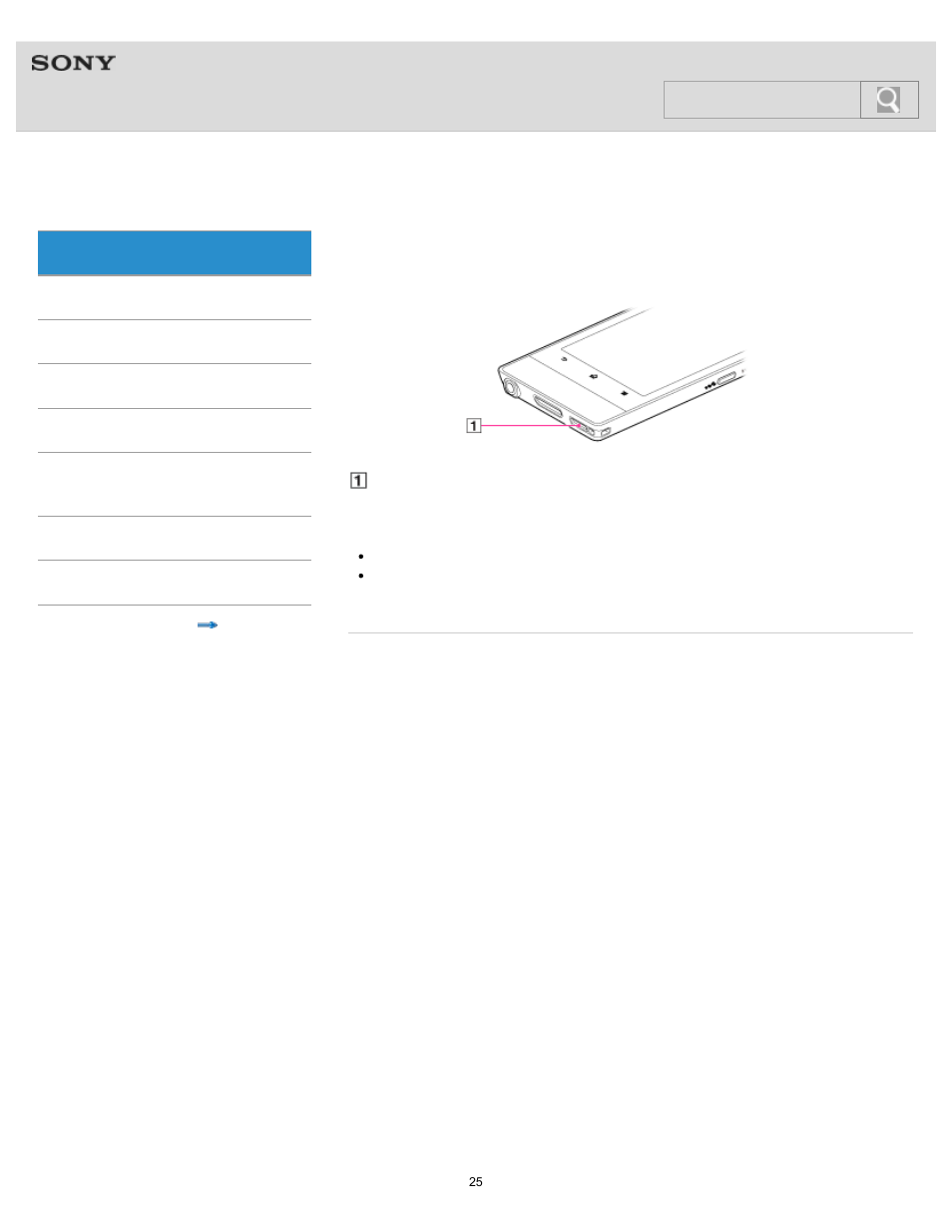 Using the speaker, Details, Help guide | Search | Sony NWZ-F805BLK User Manual | Page 25 / 143