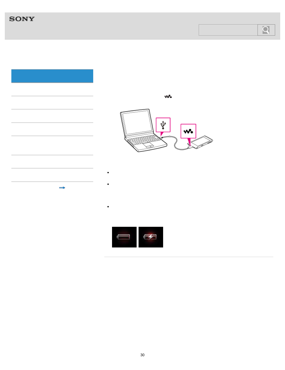 Charging the battery, Details, Help guide | Search | Sony NWZ-F805BLK User Manual | Page 30 / 143