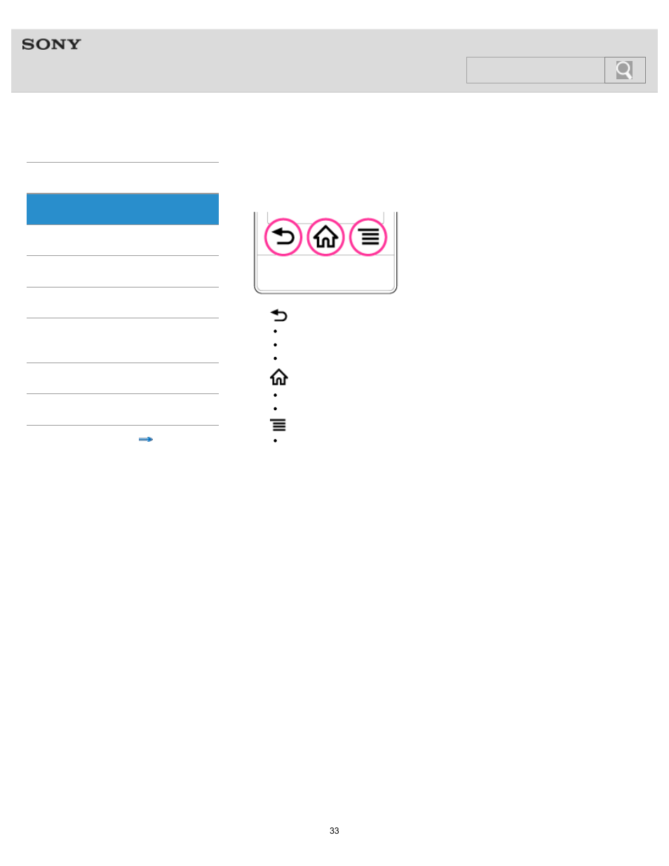 Using the home, menu, and back buttons, Details, Help guide | Search | Sony NWZ-F805BLK User Manual | Page 33 / 143