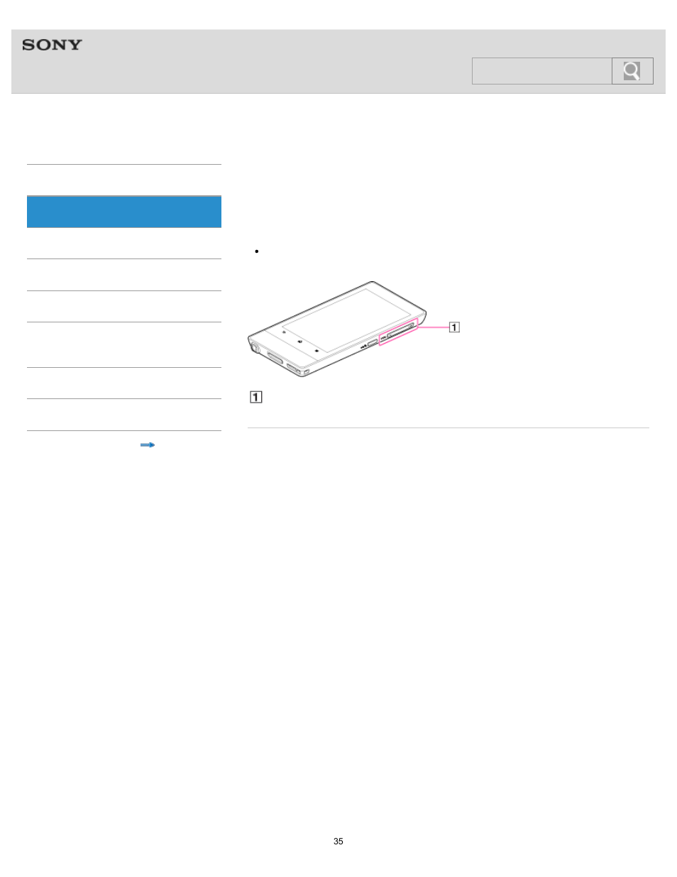Using the vol (volume) +/- button, Help guide, Search | Sony NWZ-F805BLK User Manual | Page 35 / 143