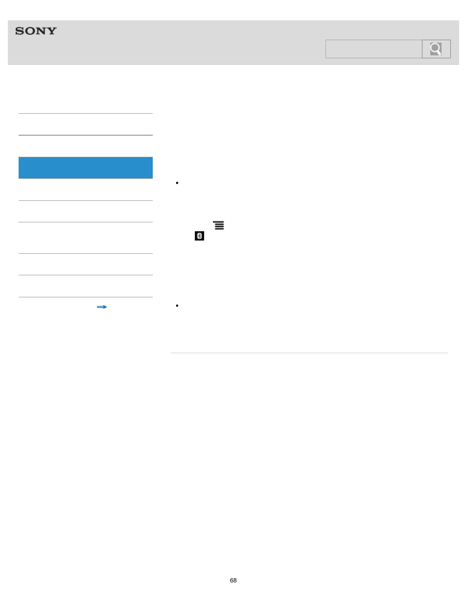 Pairing (registering) with a bluetooth device, Help guide, Search | Sony NWZ-F805BLK User Manual | Page 68 / 143