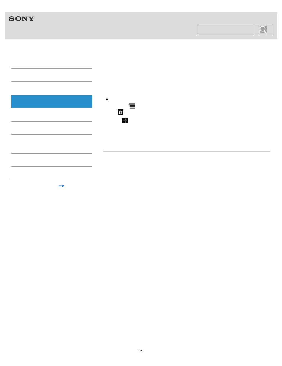 Unpairing from a bluetooth device, Help guide, Search | Sony NWZ-F805BLK User Manual | Page 71 / 143