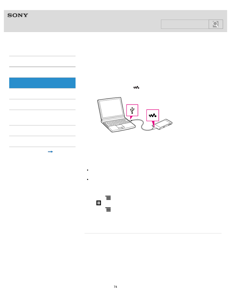Connecting by usb, Details, Help guide | Search | Sony NWZ-F805BLK User Manual | Page 74 / 143