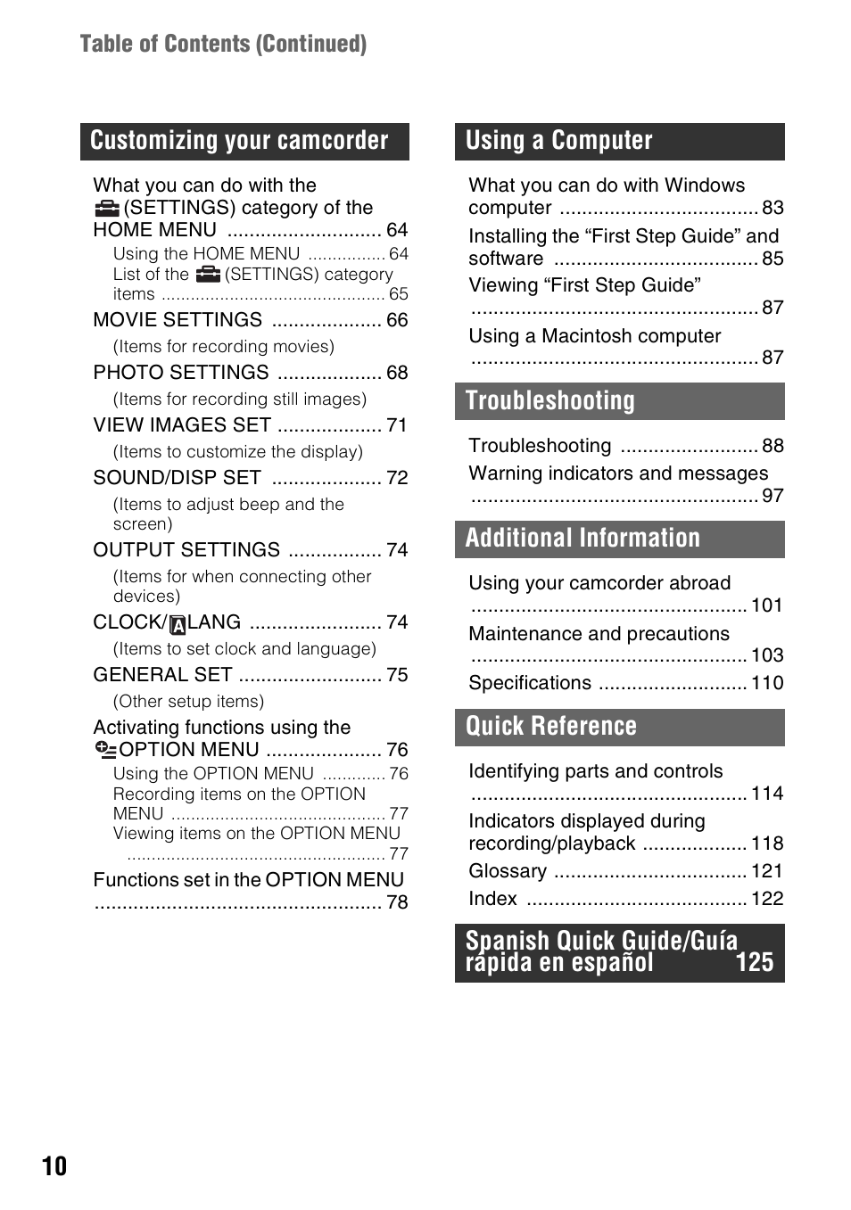 Table of contents (continued) | Sony DCR-DVD508 User Manual | Page 10 / 139