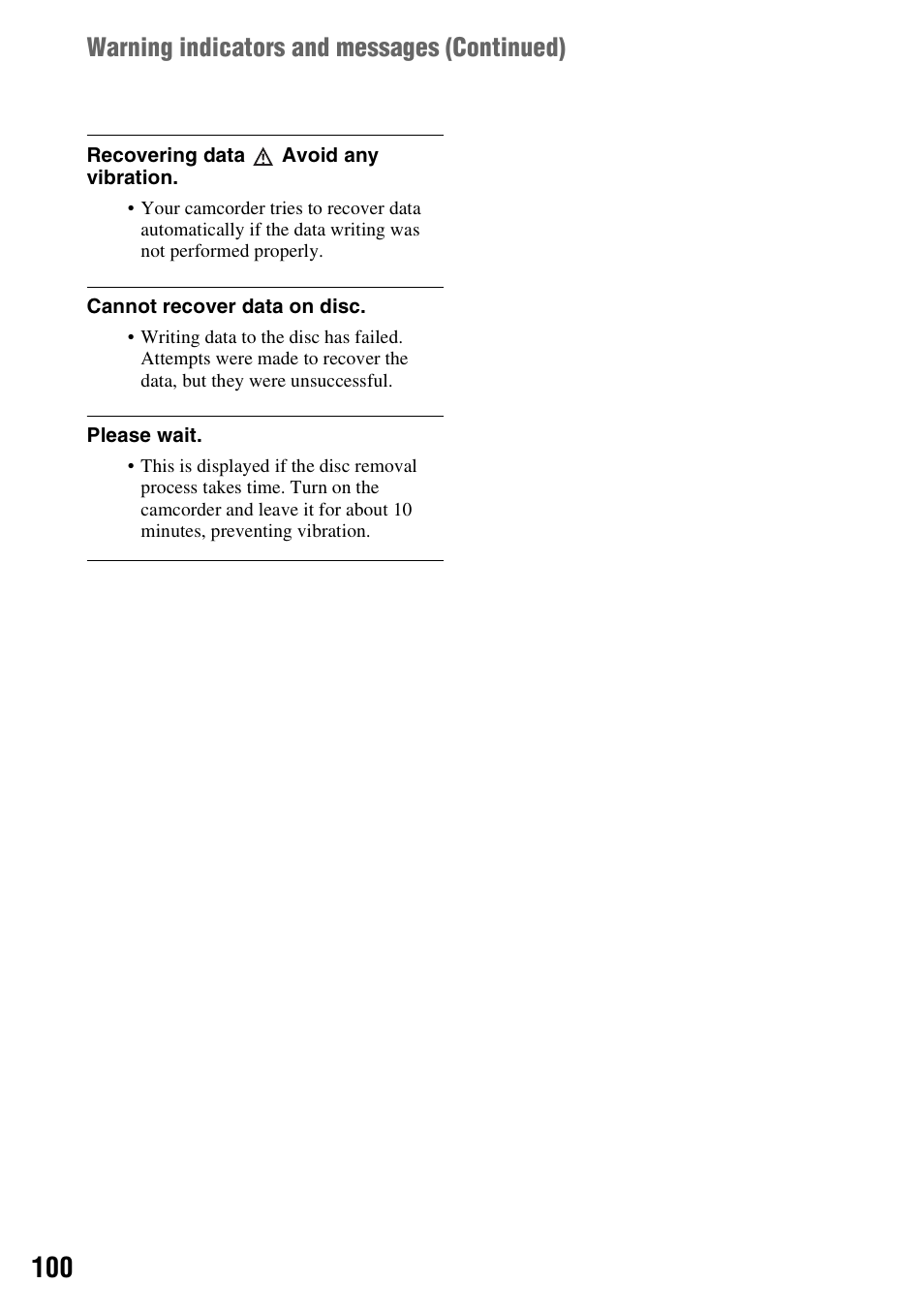Warning indicators and messages (continued) | Sony DCR-DVD508 User Manual | Page 100 / 139