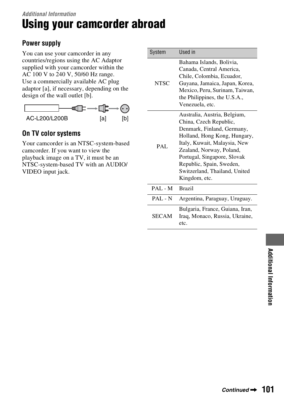 Additional information, Using your camcorder abroad, Additional | Information | Sony DCR-DVD508 User Manual | Page 101 / 139