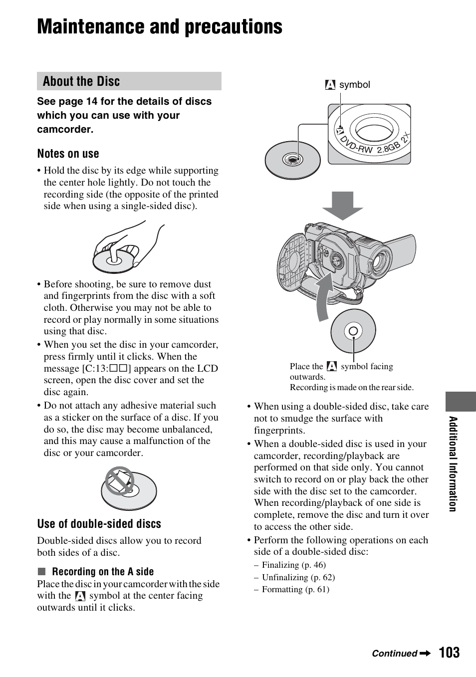 Maintenance and precautions, About the disc | Sony DCR-DVD508 User Manual | Page 103 / 139