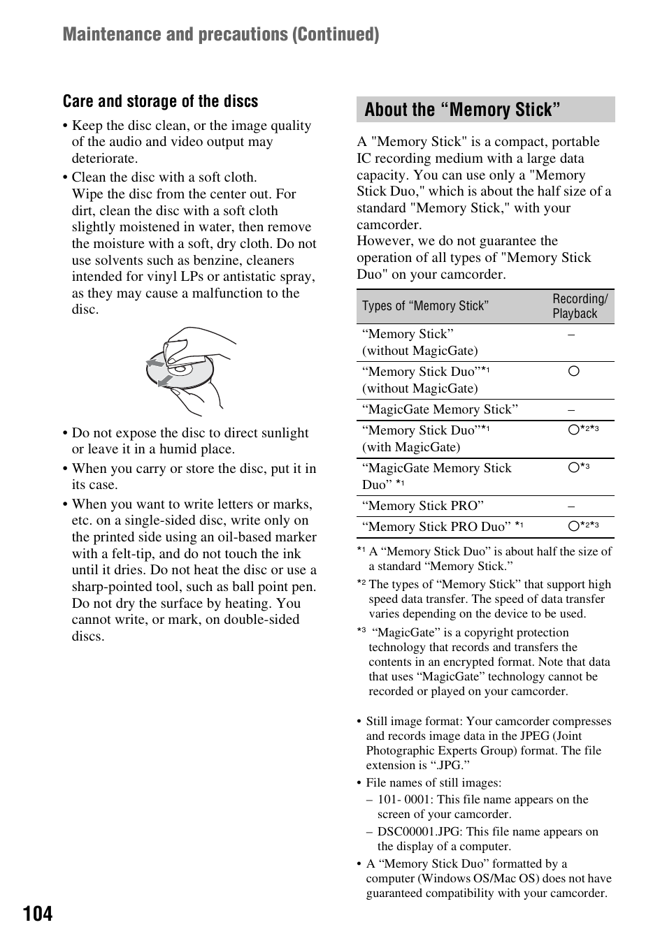 P. 104), P. 104, H (p. 104) | H (p.104, Maintenance and precautions (continued), Care and storage of the discs | Sony DCR-DVD508 User Manual | Page 104 / 139