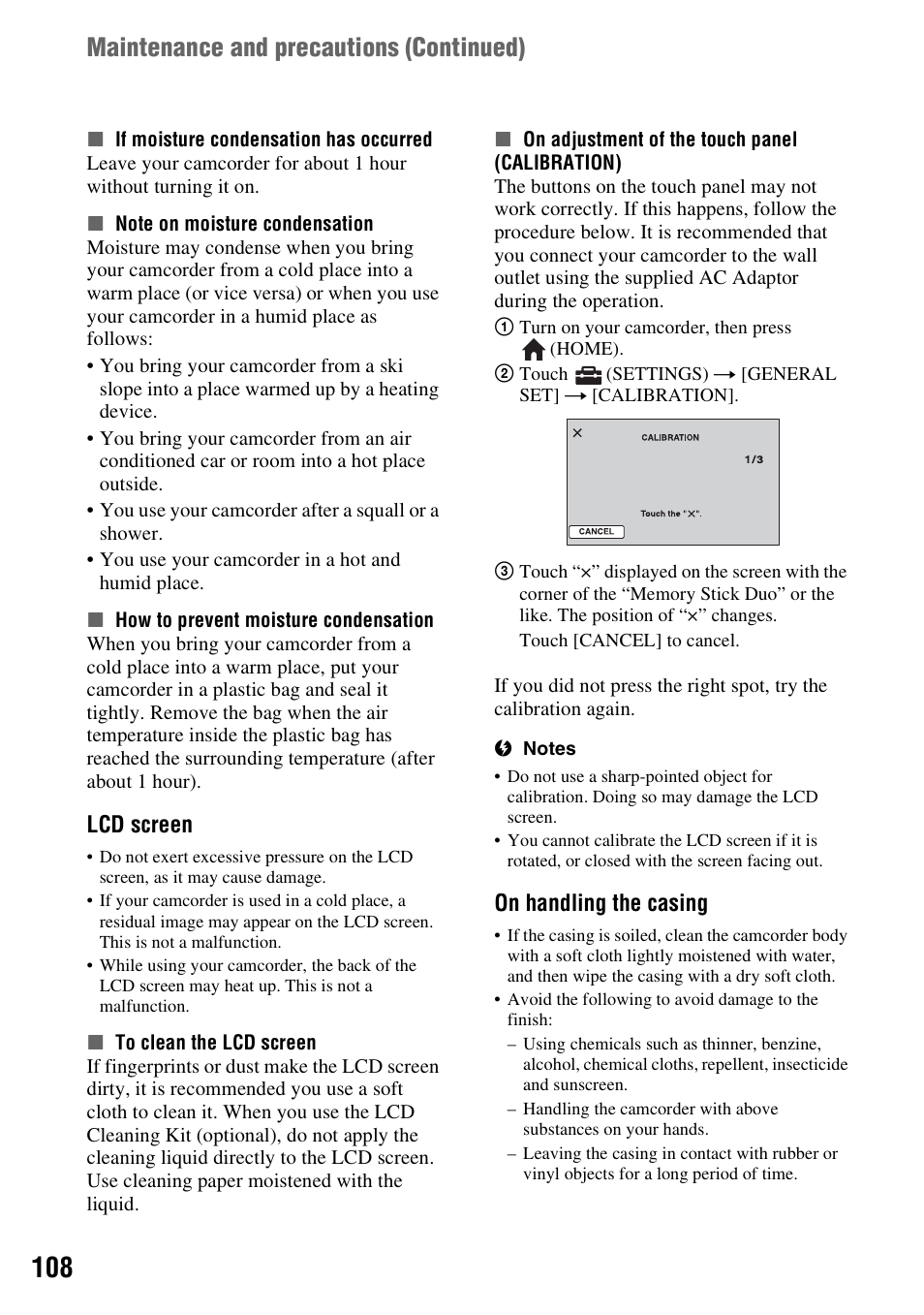 P. 108), P. 108, Maintenance and precautions (continued) | Lcd screen, On handling the casing | Sony DCR-DVD508 User Manual | Page 108 / 139